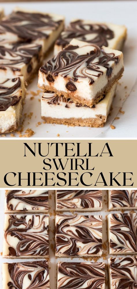 These rich and creamy cheesecake bars are swirled with gooey Nutella for the ultimate treat. Made with a buttery vanilla cookie and hazelnut crust, these Nutella cheesecake bars have amazing texture and are super easy to make! And the best part? No water bath! Nutella Cheesecake Recipe, Best Nutella Recipes, Nutella Cheesecake Bars, Hazelnut Crust, Nutella Lover, Swirl Cheesecake, Best Brownie Recipe, Nutella Cheesecake, Dessert Bar Recipe