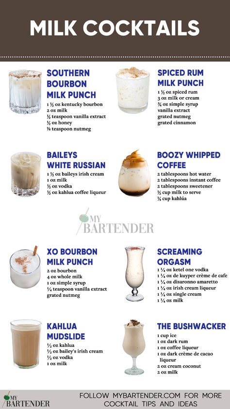 Milk Cocktails Milk Cocktails, Baileys Recipes Drinks, Milkshake Drink, Bartender Drinks Recipes, Bartender Drinks, Mixed Drinks Alcohol, Yummy Alcoholic Drinks, Boozy Drinks, Milkshake Recipes