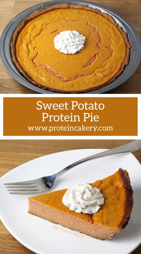 Sweet Potato Protein Pie - low carb, gluten free - by Andréa's Protein Cakery Protein Pie Recipe, Protein Sweet Potato, Vanilla Protein Powder Recipes, Protein Pie, Plant Based High Protein, Recipes With Protein Powder, High Protein Dessert Recipes, Recipes With Protein, Butternut Squash Sweet Potato