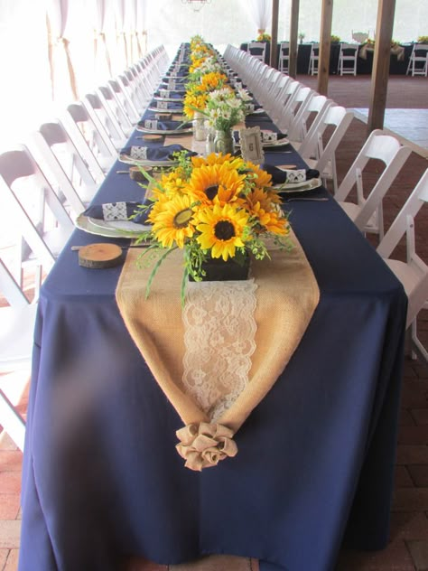 Navy, Lace, Sunflowers, Burlap Wedding Table Setting By Emileesjourney.com at Cross Creek Ranch, Dover, FL Burlap Wedding Table, Sunflower Wedding Decorations, Sunflower Themed Wedding, Tafel Decor, Boda Mexicana, Burlap Wedding, Yellow Wedding, Sunflower Wedding, Wedding Table Settings