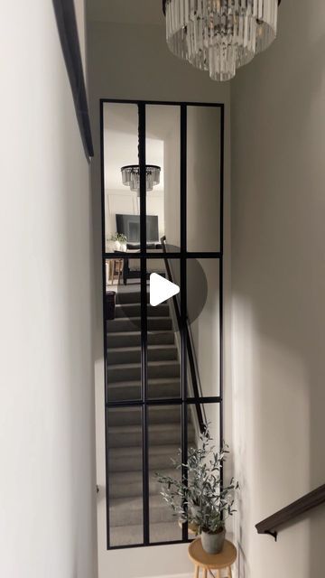 Mirror Stairway Wall, Stair Well Decor, Windowpane Mirror, Ikea Mirror Hack, Stairway Wall, Modern Traditional Home, Window Pane Mirror, Mirror Decor Ideas, Staircase Wall Decor