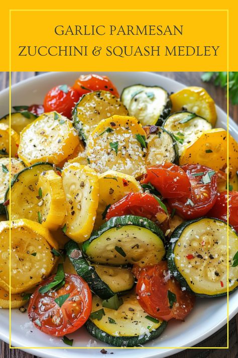 Discover a savory Garlic Parmesan Zucchini and Squash Medley with roasted garlic flavor. This pin highlights a healthy side dish that includes fresh tomatoes and nutritious ingredients. Roasted Carrots Zucchini And Squash, Squash Side Dishes Recipes, Zucchini Squash And Mushroom Recipe, Zucchini And Macaroni, Dinner Recipes With Zucchini And Squash, Squash And Zucchini Crockpot Recipes, Skillet Zucchini And Squash, Healthy Side Vegetable Dishes, Dinner Zucchini Recipes