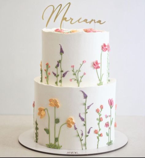 Wildflower Cakes Birthday, Wild Flowers Cake Ideas, Floral Theme Birthday Cake, Wildflower Cake Decoration, Wildflowers Birthday Theme, 2 Tier Birthday Cake Flower Design, Floral Bridal Shower Cake Ideas, Pastel Bridal Shower Cake, Blooming Party Theme