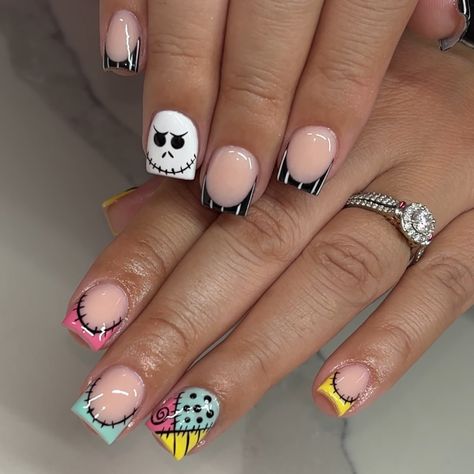 Short Jack & Sally Nail Inspo 🖤🩵 Sally And Jack Nails, Jack And Sally Nails Short, Jack And Sally Nails Art, Jack And Sally Nail Designs, Jack Skellington Nails Short, Night Before Christmas Nails, Jack And Sally Nails, Nightmare Before Christmas Short Almond Nails, Jack Skellington Nails