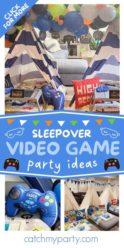 Check out this awesome video game sleepover! The teepees are fantastic! See more party ideas and share yours at CatchMyParty.com Video Game Party Theme, Boy Sleepover, Cupcake Party Favors, Sleepover Party Games, Sleepover Tents, Birthday Sleepover, Games Night, Video Game Party, Party Trends