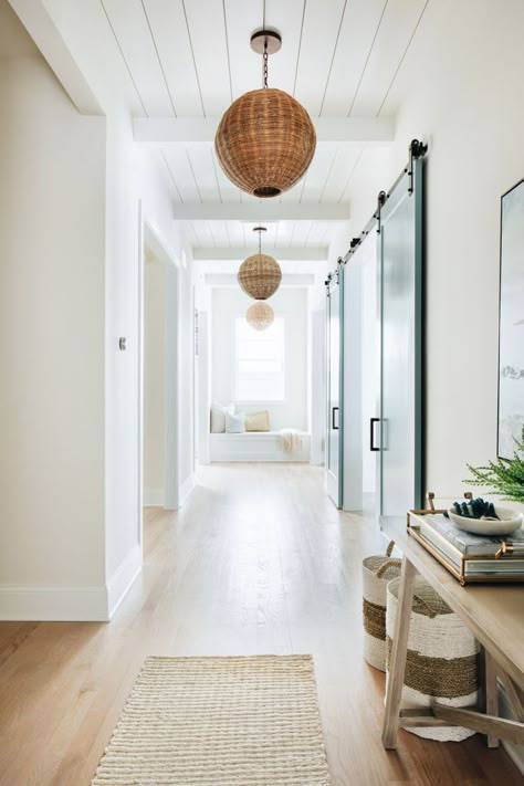 home inspiration | shore society, hallway, interior, interior design, design, warm tones, homey, decor, simple, boho, modern, classic, light, bright Casa Clean, Shiplap Ceiling, Ceiling Detail, Built In Seating, Wood Look Tile, Coastal Farmhouse, Coastal Design, Modern Coastal, Hallway Ideas