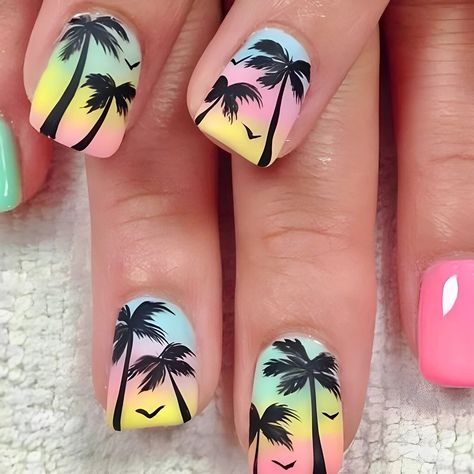 Best 10 Palm Tree Nail Art Ideas for Your Next Beach Vacation – Lavis Dip Systems Inc Summer Nails With Palm Trees, Nail Designs With Palm Trees, Nail Palm Tree Designs, Nail Design Palm Tree, Tropical Flower Nails, Bright Nails With Palm Trees, Nail Art For Girls, Palm Tree Nail Art, Beach Themed Nails