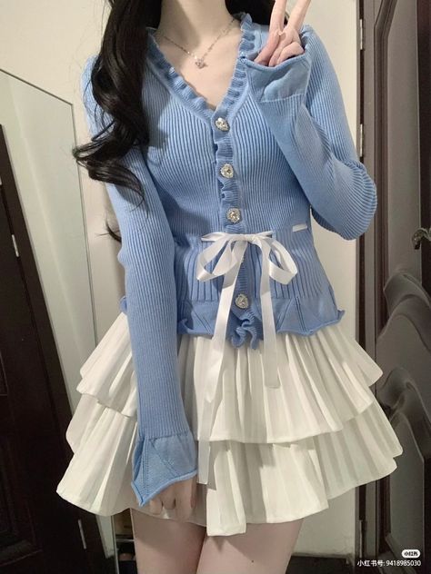 Blue And White Kawaii Outfit, White Blue Outfit Aesthetic, Blue Female Outfits, Blue Cute Clothes, Blue Feminine Outfit, Blue Cutecore Outfit, Light Blue Coquette Outfit, Blue Girly Outfits, Sky Blue And White Outfit