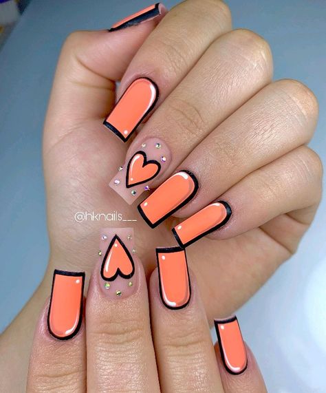 Cartoon Short Nails, Cartoon Art Nails Short, Acrylic Nail Designs Pop Art, Painted Nails, Orange Cartoon Nails, Neon Pink And Orange Nails Art Designs, Orange Spring Nails, Cartoon Pop Art Nails, Pink And Orange Abstract Nails