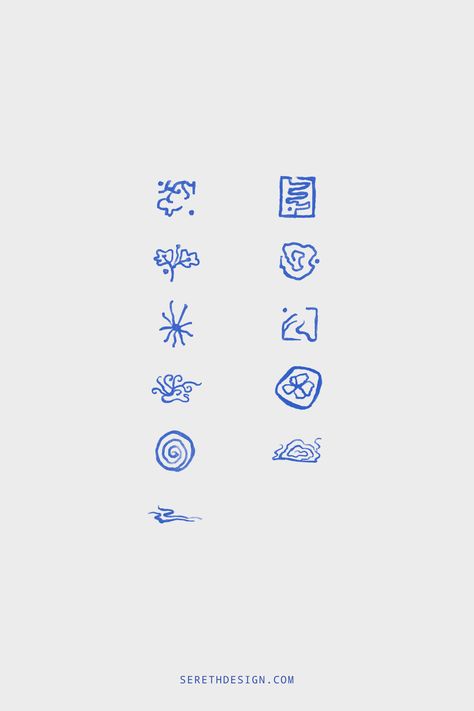 These hand drawn icons were inspired by Chinese caligraphy, Asian artwork, stamps, and use a watercolor approach to give it an inviting look. The icons are royal blue to tie back to the China pot aesthetic and blue and white porcelain artwork. Icons designed for Sereth brand identity. Asian Inspired Graphic Design, Chinese Stamp Logo, Blue Chinese Aesthetic, Hand Drawn Logos, Korean Design Graphics, Korean Fine Dining, Asian Logo Design, Pot Aesthetic, Matcha Branding