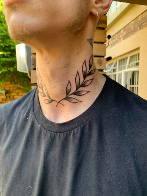 Olive branch Neck tattoo Leaf Throat Tattoo, Olive Branch Tattoo Mens Neck, Leaf Collar Bone Tattoo Men, Traditional Wreath Tattoo, Olive Leaf Tattoo Collar Bone, Leaves On Neck Tattoo, Olive Branch Wreath Tattoo, Laurel Wreath Neck Tattoo, Vines Neck Tattoo