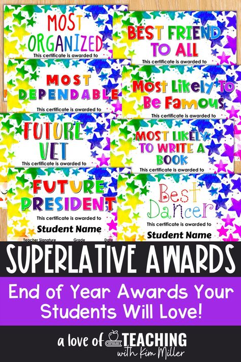 Reward your students for all of their hard work this school year with these editable end of the year superlative awards! Choose from a huge selection of 70 end of the year awards for your distance learning students! Perfect for classroom management and keeping students motivated during the end of the year chaos. Ideal for grades Kindergarten-6th grade. #endoftheyear #studentrewards #classroommanagement Awards For Students, Social Studies Printables, Spring Classroom Activities, Memory Book Kindergarten, End Of Year Awards, Classroom Awards, Awards Banquet, Student Rewards, Spring Classroom