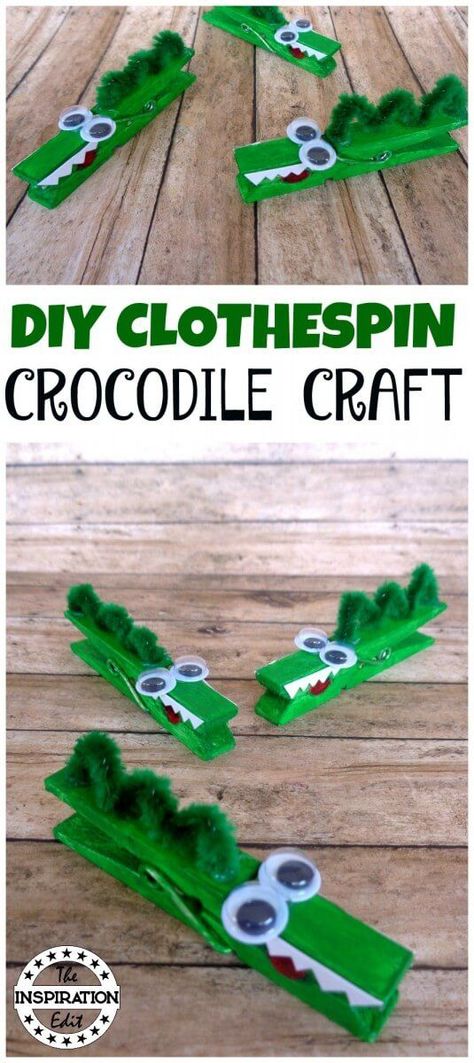 Clothes Pig Crocodile Craft. This clothes pin craft is simple and easy and perfect for preschool kids or little ones. #kidscraft #clothespin #clothespeg #craft #clothespincraft #clothespincrocodile #crocodile #presschool #preschoolcrafts #animalcrafts Crocodile Craft, Pin Crafts, Easy Arts And Crafts, Mason Jar Crafts Diy, Clothes Pin Crafts, Kids' Crafts, Crocodiles, Childrens Crafts, Easy Crafts For Kids