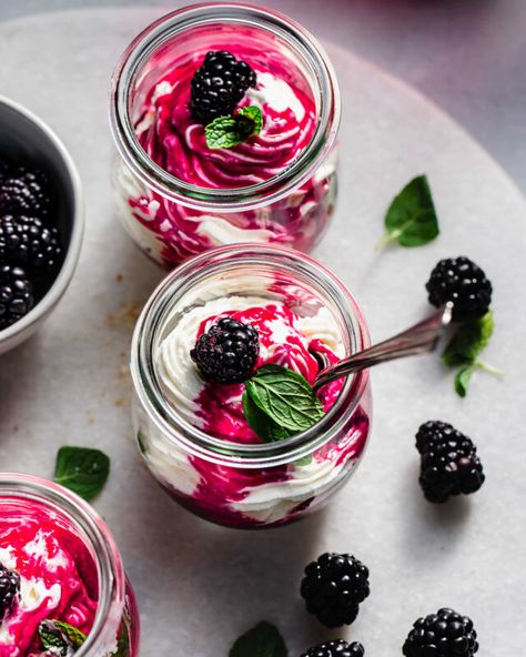 Cheesecake Mousse with Blackberry Purée - Oregon Raspberries & Blackberries Fresh Berries Recipes, Homemade Blackberry Jam, Gf Cake, Berry Desserts, Blackberry Dessert, Blackberry Cheesecake, Berry Dessert Recipes, Parfait Desserts, Blackberry Recipes