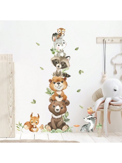 Multicolor  Collar  PVC Animal  Embellished   Home Decor Nursery Animal Mural, Nursery Murals, Cottagecore Baby Room, Woodland Bedroom Kids Forest Friends, Woodland Wall Decals Nursery, Bear Wall Decals Nursery, Baby Room Wall Stickers, Forest Animals Wall Decals, Wildlife Wallpaper For Toddlers Room