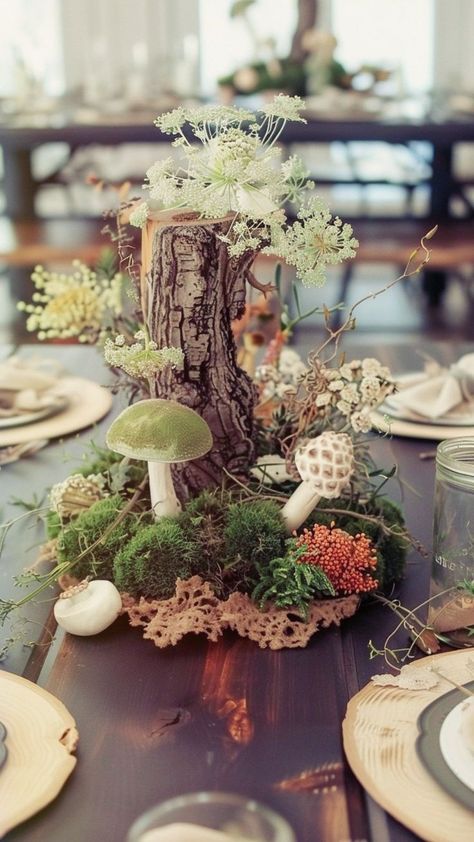 Add a touch of rustic elegance to your baby shower with our woodland theme decor ideas! Discover creative ways to incorporate natural elements and forest motifs, setting the stage for a magical celebration. Woodlands Table Decor, Wedding Decor Natural Elegant, Woodland Table Scape, Woodland Party Centerpiece, Forest Animal Decor, Woodland Table Setting Ideas, Woodland Theme Decorations, Woodland Forest Baby Shower Theme, Baby Shower Whimsical Theme