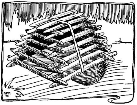 How to make a wild turkey trap?  The Coop Trap, shown in Fig. 222, can be used for trapping the larger variety of birds. This is well known as an effective trap for wild turkeys. It consists of a number of sticks piled up in the form of a pyramid and tied together as shown in Fig. 222. Turkey Trap, How To Make Traps, Deer Processing, Bird Trap, Animal Traps, Iron Sights, Native American Crafts, Survival Techniques, Wild Turkey