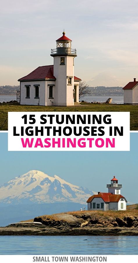 Planning to visit the Washington coast? Here are the most beautiful Washington lighthouses, from Cape Disappointment to Cape Flattery and beyond. These lighthouses in Puget Sound, Seattle, and Washington islands are sure to delight you and are perfect for a Washington coast road trip. Enjoy these lighthouses in Washington State, do some lighthouse hikes in Washington, and enjoy some Washington coast beaches! Puget Sound Washington | Washington Islands | Washington coast | Pacific coast Small Town Washington, Puget Sound Washington, Cape Flattery, Cape Disappointment, Pacific Northwest Travel, Washington Coast, Washington State Travel, Washington Hikes, Washington Travel