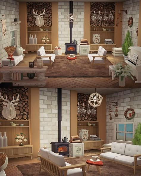 ♡ 𝙱𝚛𝚒𝚎 on Instagram: "My living room. Happy first day of October! . . . #animalcrossing #crossingcreations #acnh #acnhinteriors #acnhbuilds #acnhinspo #acnhinteriordesign #gamer #nintendoswitch" Basement Animal Crossing, Acnh Library Ideas Indoor, Anch Living Room, Acnh Farmhouse Interior, Acnh House Interior Ideas Fall, Acnh Fireplace, Acnh Living Room Inspiration, Acnh Front Room Ideas, Acnh Interior Designs Living Room