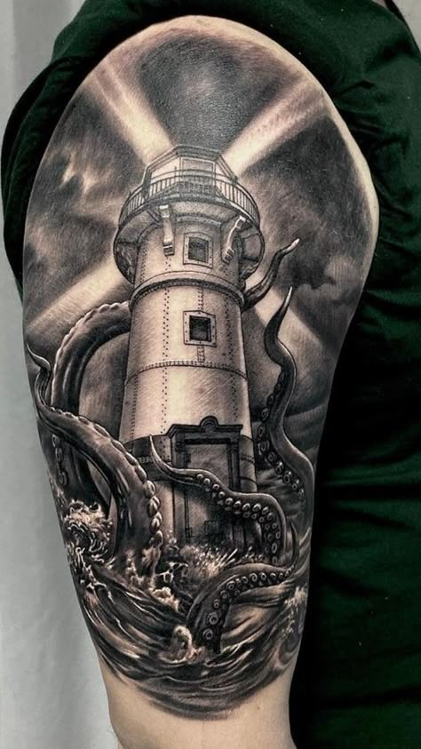 Kraken Lighthouse Tattoo, Lighthouse Leg Tattoo Sleeve, Lighthouse Shin Tattoo, Lighthouse Calf Tattoo, Lighthouse Leg Tattoo, Lighthouse And Octopus Tattoo, Easy Half Sleeve Tattoos, Lighthouse Tattoo Meaning, Kraken Tattoo