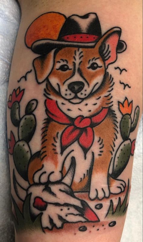 American Traditional Corgi Tattoo, Muted Traditional Tattoo, American Traditional Tattoo For Women, Corgi Tattoo Traditional, Western Dog Tattoo, Traditional Tattoos Leg Women, Minamilistic Tattoos For Women, American Traditional Stomach Tattoos Women, American Traditional Chihuahua Tattoo