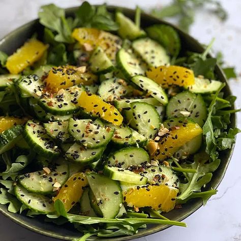 Cucumber Orange Salad, Salad With Ginger Dressing, Salad With Miso Dressing, Miso Ginger Dressing, Ginger Flower, Miso Dressing, Ginger Dressing, Orange Salad, Cucumber Tomato