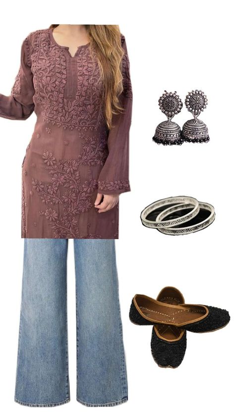 Simple Chikankari Kurti, Indian Kurti Outfits, Kurti With Jeans Casual, Kurti With Jeans Outfit Ideas, Trendy Kurtis With Jeans, Kurti Jeans Outfit, Jeans And Kurti, Modest Everyday Outfits, Jeans Kurti