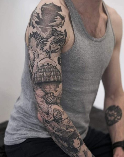 Studio Ghibli Tattoo Sleeve black and white Studio Ghibli Sleeve Tattoo, Ghibli Sleeve Tattoo, Stormlight Tattoo, Ghibli Tattoo Sleeve, Studio Ghibli Tattoo Sleeve, Studio Ghibli Sleeve, Sam Tattoo, Studio Ghibli Tattoo, Black Tattoo Cover Up