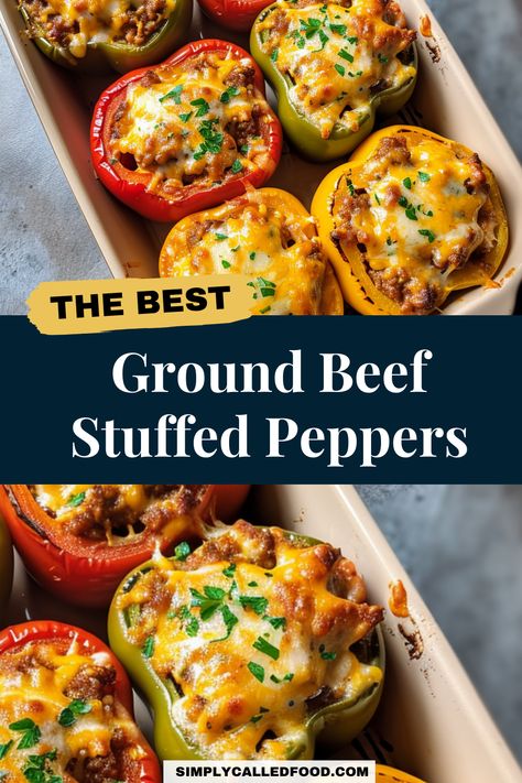 Discover a quick and healthy dinner with our Ground Beef Stuffed Peppers recipe, a simple yet delicious meal. Perfect for keto enthusiasts and anyone looking for a fast, homemade option, these peppers can be effortlessly prepared in an air fryer or as a casserole. Utilizing everyday pantry items, this recipe transforms into a satisfying dish. For more easy and delightful dishes with ground beef, including the full Ground Beef Stuffed Peppers recipe, visit simplycalledfood.com. Easy Stuffed Green Peppers With Ground Beef, Ground Beef Stuffed Pepper Skillet, Stuffed Green Bell Peppers Ground Beef, Skillet Stuffed Peppers Ground Beef, Ground Beef Stuffed Peppers, Stuffed Peppers Ground Beef, Stuffed Bell Peppers Raw Ground Beef, Beef Stuffed Peppers, Stuffed Bell Peppers Ground Beef