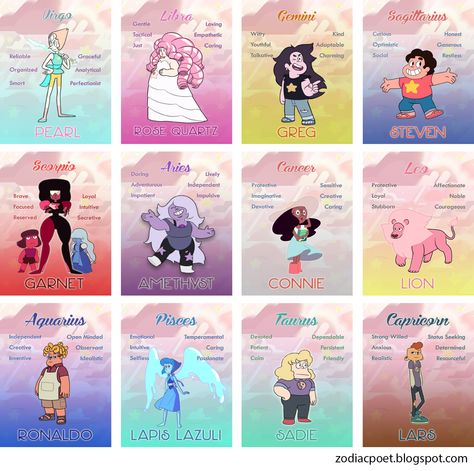 Steven Universe zodiac signs- virgo, libra, gemini, sagittarius, scorpio, aries… Capricorn X Leo Fanart, Steven Universe Zodiac Signs, Zodiac Signs As Disney Characters, Zodiac Signs Disney Characters, Zodiac Signs Princesses, Disney Princess Zodiac Signs, Zodiac Sign Disney Princess, Gemini And Sagittarius, Pisces And Taurus