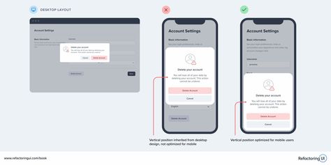 Steve Schoger on Twitter: "🔥 When making a design responsive, don't stop at simply making things fit on smaller screens – look for ways to borrow usability patterns from native mobile apps, too.  For example, anchoring modals to the bottom of the screen instead of the center, making them easier to reach.… https://t.co/0ulDrDJq6O" การออกแบบ Ui Ux, Ux Wireframe, Ui Design Patterns, Wireframe Design, Ui Components, Mobile Interface, Online Shop Design, Mobile Ui Design, Ecommerce Site