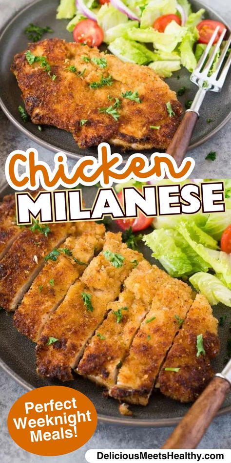 Looking for an easy dinner recipe your family will love? This Chicken Milanese is the perfect solution for busy weeknights. Simple to make, crispy, and oh-so-delicious! Chicken Melanesia, Chicken Milanese Recipe, Dinner For Families, Cheesy Chicken Recipes, Milanese Recipe, Quick Easy Chicken, Chicken Milanese, Flexitarian Recipes, Breaded Chicken Cutlets