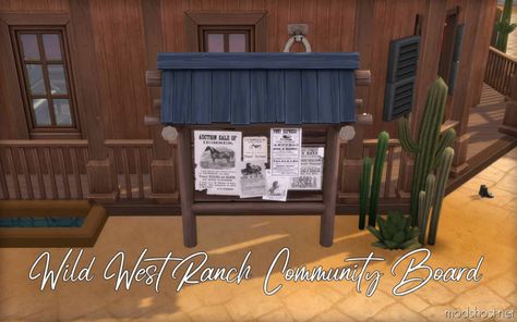 Wild West Ranch Community Board for Sims 4 at ModsHost! An old-timey recolor of the community board that comes with Horse Ranch. Both sides of the tableau feature real advertisements from the 1800s. All functions remain unchanged. Stats: Requires Horse Ranch 3 Swatches 2 Versions: A standalone board, and an override that replaces the game version. Choose ONE §100. Find it by searching Naunakht #mods #objects #gaming #sims #videogames #sims4cc Hell On Wheels, Sims Four, Oregon Trail, Community Boards, Horse Ranch, Best Mods, Cottage Living, Sims 4 Cc Finds, Sims 4 Custom Content