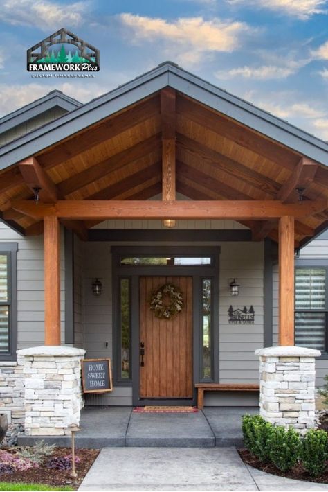 Timber Frame Porch Front Entry, Hybrid Timber Frame Homes, Portico Entry, Entryway Interior, Timber Trusses, Timber Frame Porch, Timber Truss, Timber Frame Home, Timber Frame House