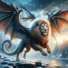 Lion+dragon, a hybrid of a lion and a dragon, a lion with large wings, beautiful, art fantasy, HDR, snowy landscape - Image Creator from Microsoft Designer Lion Dragon, Snowy Landscape, Lion Art, Art Fantasy, Fantasy Creatures Art, Mystical Creatures, A Lion, A Dragon, Create Image