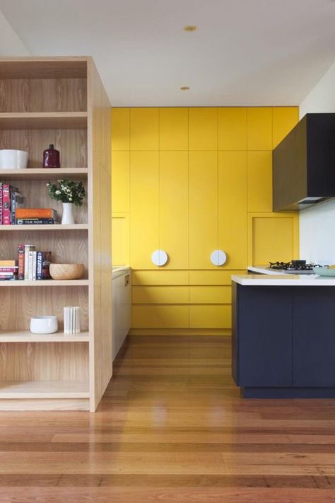 Yellow Cupboards, Yellow Kitchen Decor, Small Apartment Kitchen, Kitchen Paint Colors, Yellow Kitchen, Design Seeds, Yellow Walls, Apartment Kitchen, Trendy Kitchen