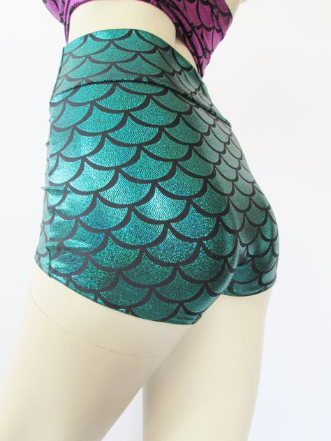 High waist Mermaid scale Bikini bottoms by ZanzaDesignsClothing Pretty Woman Halloween, Green Costume, Mermaid Shorts, Lycra Shorts, Sparkly Shorts, Yoga Beach, Rave Costumes, Metallic Shorts, Green Mermaid