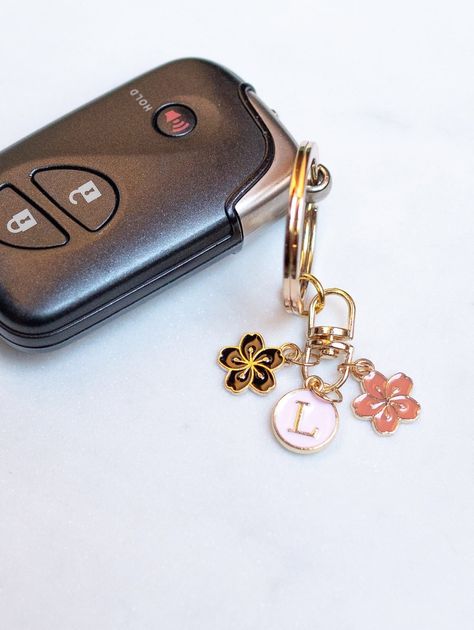 Personalized Flower Charms Aesthetic Keychain, Custom Letter Initial, Small Lightweight Car Key Accessory | Gift for Friendship | BFF Gift -  #accessory #Aesthetic #bff #Car #Charms #Custom #Flower #friendship #gift #Initial #Key #Keychain #letter #Lightweight #personalized #small Cute Key Rings, Car Keys Keychain Ideas, Car Keychain Ideas, Charms Aesthetic, Aesthetic Keychain, Keychain Aesthetic, Girly Car Accessories, Girly Car, Bff Gift