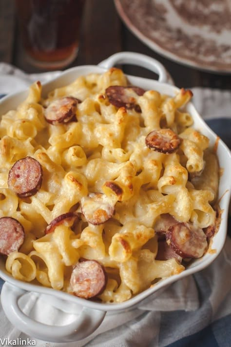 Vintage Cheddar and Gruyere Mac and Cheese with Polish Kielbasa - Vikalinka Cheese Gruyere, Gruyere Mac And Cheese, Tasty Mac And Cheese, Kielbasa Recipes, French Cheese, Creamy Mac And Cheese, Mac N Cheese Recipe, Kielbasa, Macaroni Cheese