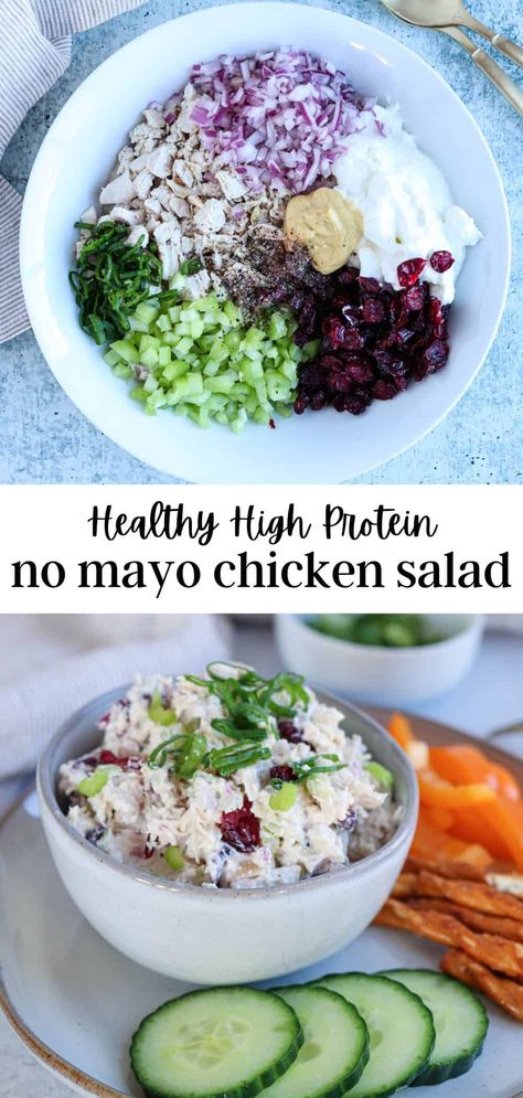 This Chicken Salad Without Mayo is creamy, crunchy and delicious. Made with celery, cranberries and Greek yogurt, it is absolutely packed with protein and great flavors. Thanks to a combo of Dijon mustard, lemon juice and vinegar, it is not bland, despite the lack of mayonnaise! Chicken Salad Without Mayo, Yogurt Chicken Salad, Greek Yogurt Chicken, Chicken Salad Recipe Easy, Healthy Chicken Salad, Easy Salad Recipes, High Protein Recipes, Healthy Nutrition, Healthy Meal Prep