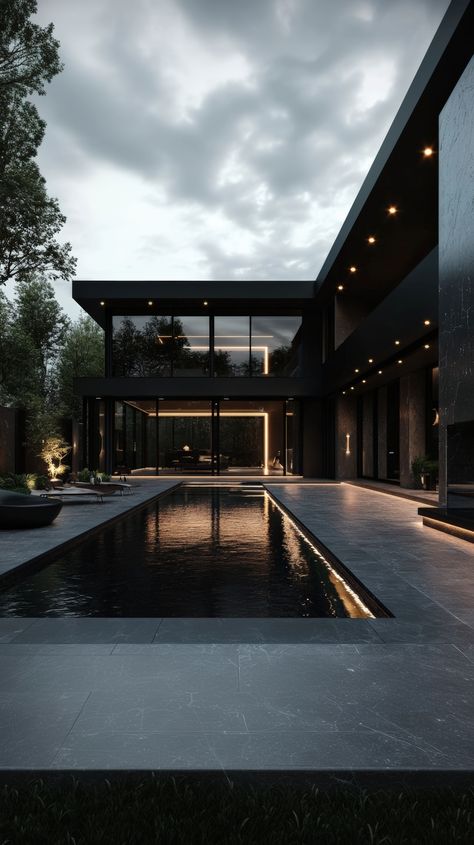 Modern black mansion with pool Black Pool Deck, Dark Pool Aesthetic, Dark Bottom Pool, Pool Area Design, Black Swimming Pool, Black Luxury House, Mafia House Aesthetic, Dark Bedroom Aesthetic, Black Villa