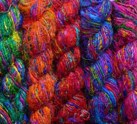 Sari Silk Yarn, Recycled Sari Silk Yarn, Felted Pictures, Crochet Slippers Free Pattern, Recycled Sari Silk, Knitting Bags, How To Purl Knit, Sari Silk, Silk Yarn