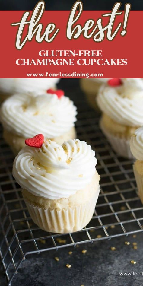 These cute mini gluten free champagne cupcakes make a fabulous gluten free dessert for any party including Christmas, New Years', and Valentine's Day! Dairy-free option, and an alcohol-free version too so everyone can enjoy these homemade cupcakes. Easy gluten free cupcake recipe at www.fearlessdining.com Gluten Free Dairy Free Cupcakes, Gluten Free Valentines Day Desserts, Gluten Free Mini Desserts, Gluten Free Valentines Day Treats, Gluten Free Cupcake Recipe Easy, Gf Birthday, Gluten Free Cupcake, Gluten Free Cupcake Recipe, Gluten Free Wedding