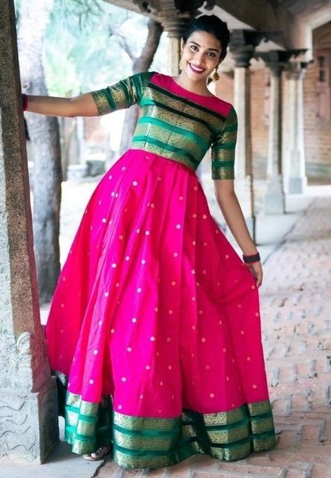 Sari Frock Design, Long Frocks Indian Designer Dresses Party Wear, Saree One Piece Gown, Pattu Long Frocks For Women Latest, Ladies Frock Design, Saree Reuse, डिजाइनर कपड़े, Long Frock Designs, Long Gown Design