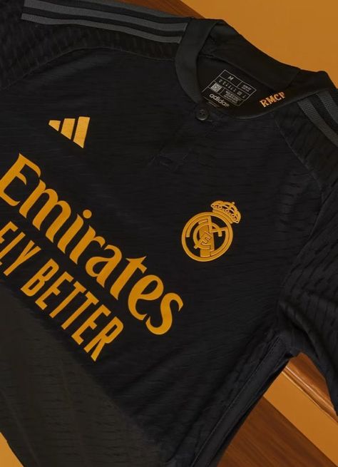 Halal Madrid, Real Madrid Black Jersey, Real Madrid Third Kit, Fly Emirates Jersey, Real Madrid Kit, Madrid Outfits, Real Madrid Jersey, Real Madrid Shirt, African Print Shirt