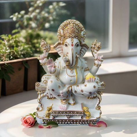 Puja Accessories, Durga Puja Photo, Marble Handicraft, Home Ganpati, Ganpati Idol, Pure White Marble, White Statue, Ganesh Murti, God Ganesh