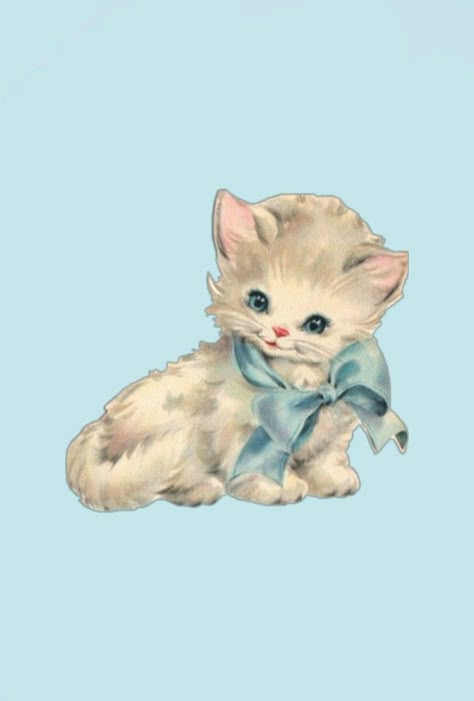 Vintage Kitten Drawing, Vintage Cats Aesthetic, Vintage Kitty Illustration, Vintage Puppy Illustrations, Blue Cat Illustration, Vintage Cat Aesthetic, Vintage Cat Cartoon, Kitsch Animals, Vintage Cat Drawing