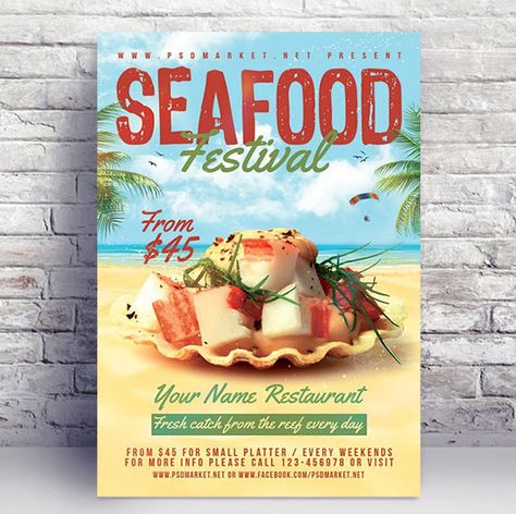 Seafood Festival Poster, Seafood Poster Design, Nautical Food, Seafood Festival, Seafood Party, Seafood Shop, Book Design Inspiration, Surf Turf, Seafood Platter