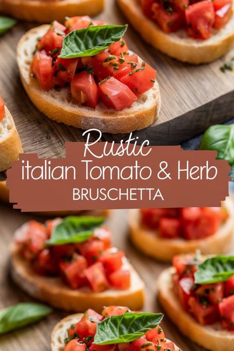 Fresh tomato and herb bruschetta on slices of toasted bread garnished with basil leaves. Rustic Appetizers, Bruschetta Appetizers, Italian Sides, Italian Bruschetta Recipe, Bruschetta Recipes, Italian Bruschetta, Bruschetta Appetizer, Bruschetta Toppings, Italian Cuisine Recipe