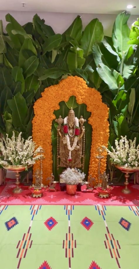 Pooja Decoration Backdrop, Vigneswara Dampu Decoration, Pooja Mandapam Designs, Varamahalakshmi Background Decoration, Indian House Warming Decoration, Sathyanarayana Pooja Decoration At Home, Temple Decoration Ideas, Gruhapravesam Decoration Ideas, Satyanarayana Pooja Decoration Ideas